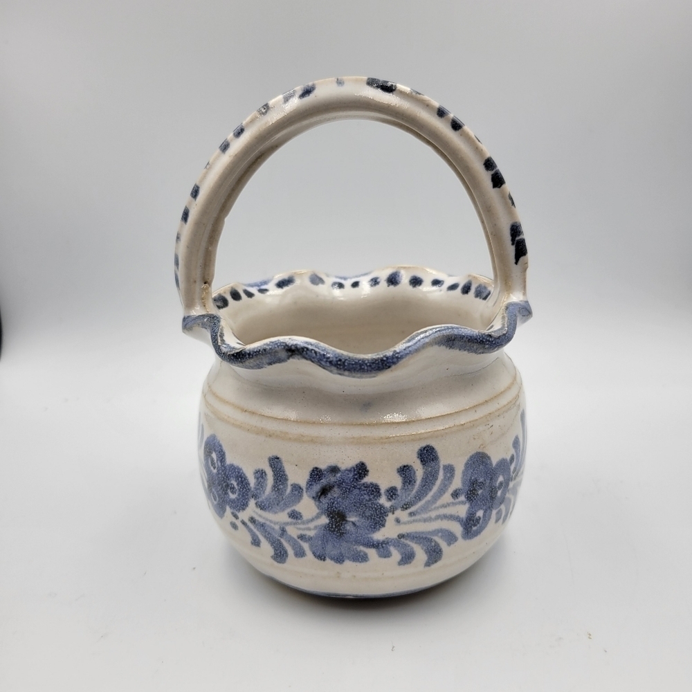 Vintage Small Basket Pottery Blue Floral Paint